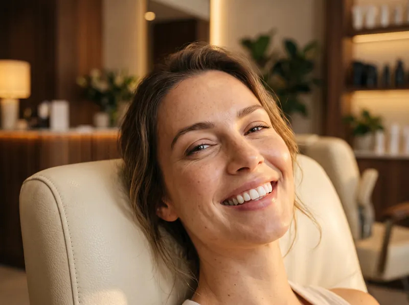 Femme souriante aux dents éclatantes installée dans un fauteuil de soin