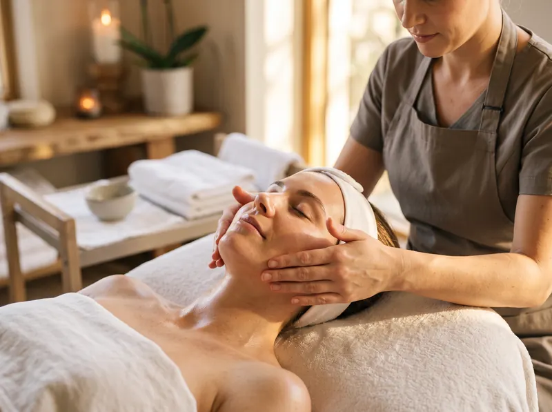 Esthéticienne réalisant un soin du visage relaxant
