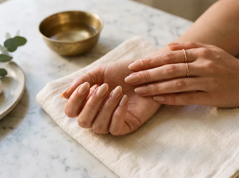 Mains manucurées au vernis nude sur une serviette en coton