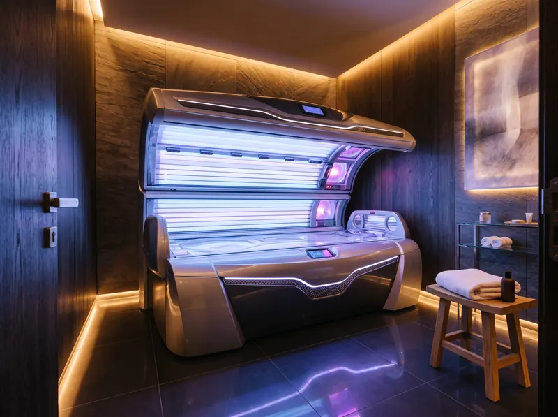 Cabine de bronzage UV Ergoline ouverte dans une cabine privée à l'éclairage chaud